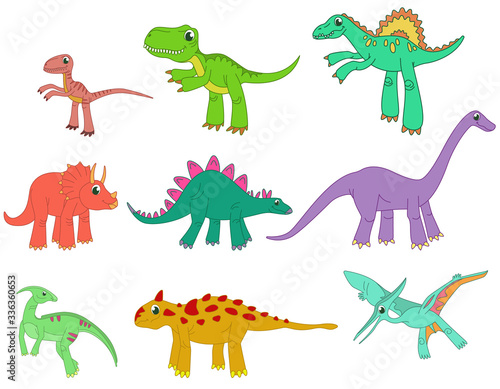 Big set of different dinosaurs. Prehistoric reptiles in cartoon style.