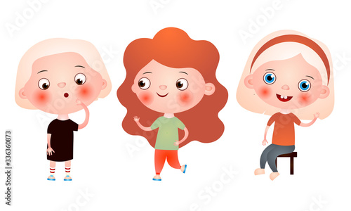 Set of funny cute little girls spending free time having fun and playing. Vector illustration in a flat cartoon style.