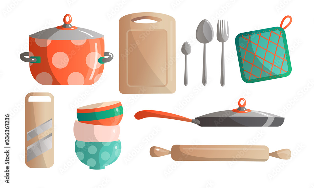 Set of different kitchen tools, kitchenware, and kitchen appliances. Vector illustration in a flat cartoon style. Set of different kitchen tools, kitchenware, and kitchen appliances. Vector illustration in a flat cartoon style.