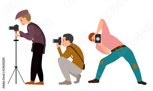 Set of different professional male photographers in different action poses. Vector illustration in a flat cartoon style.