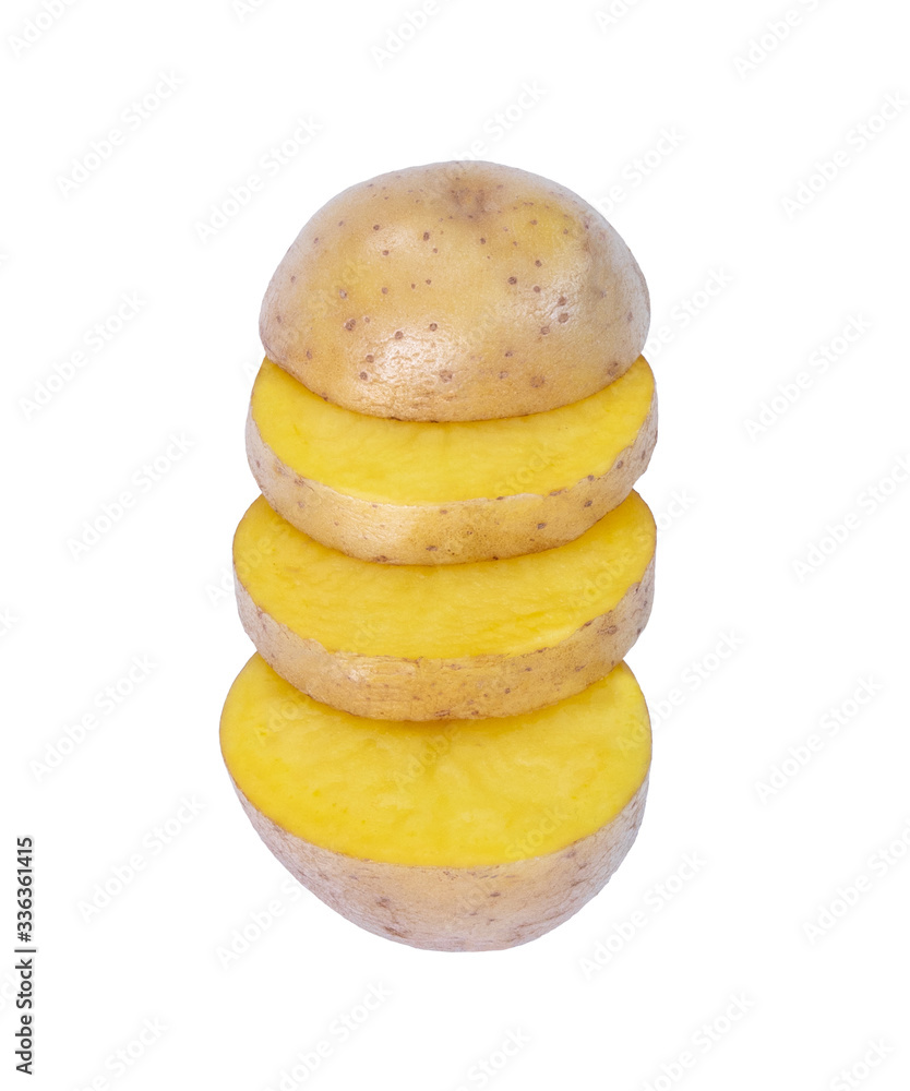 Raw potato sliced full of nutritious starch isolated in white background. Root vegetables, macro photo Raw potato sliced full of nutritious starch isolated in white background. Root vegetables, macro photo