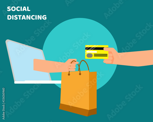 Social Distancing with COVID-19 crisis concept: There are hands from laptop hold bag and credit card. Protect corona virus. Cartoon vector style for your design.