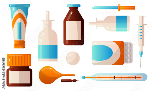 Set of medical first aid kit drugs that contain various pills, potions, drops, ampoules, syringes, and others. Vector illustration