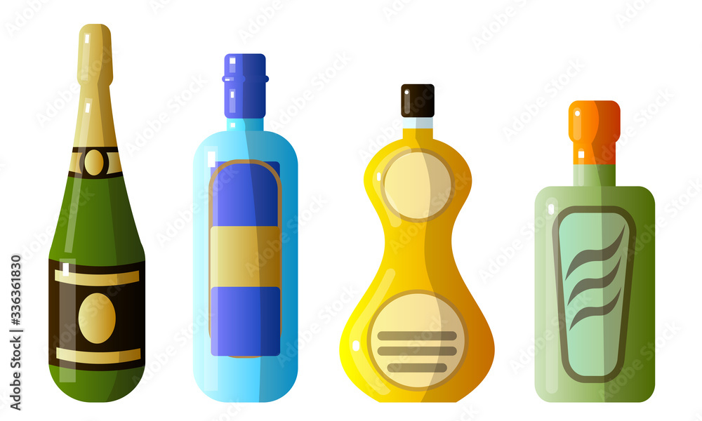 Set of different alcoholic beverages in bottles of different shapes. Vector illustration in a flat cartoon style. Set of different alcoholic beverages in bottles of different shapes. Vector illustration in a flat cartoon style.