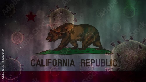 California state flag ripple effect with 3d animation of Coronavirus (Covid-19) virus icon photo