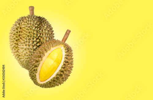 Fresh cut durian on a pastel yellow background, Durian on the yellow background.