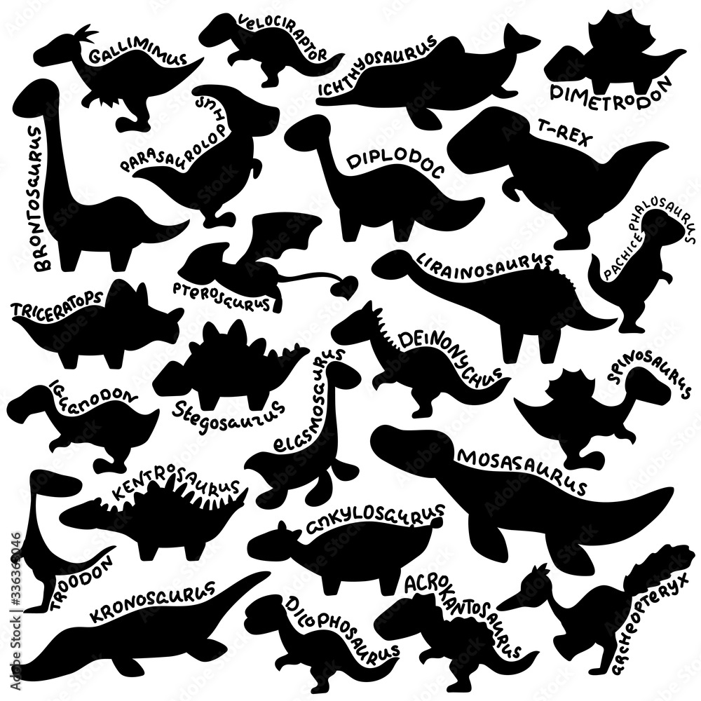 Cute dinosaur silhouette with species name lettering. Cartoon dino vector clipart on white background Cute dinosaur silhouette with species name lettering. Cartoon dino vector clipart on white background