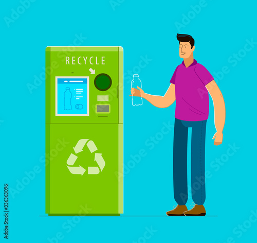 Recycling. People put bottles in vending machine. Reuse vector illustration
