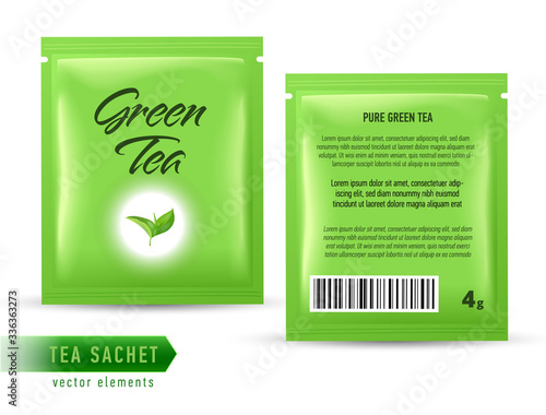 Tea sachet package design template isolated on white backgrpound. Realistic tea pack bag.