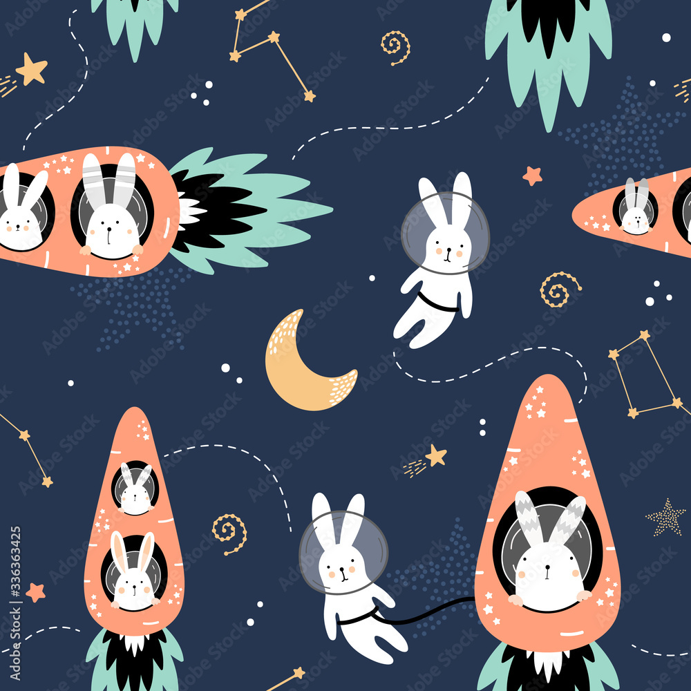 Cute seamless pattern with hares on carrots rockets. Cute seamless pattern with hares on carrots rockets.