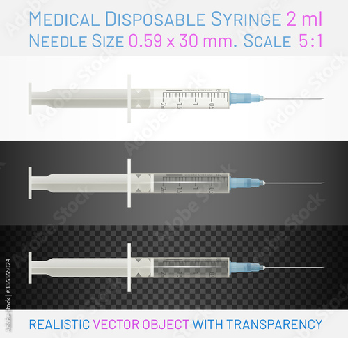 Medical disposable syringe 2 ml. The needle size is 0.59 x 30 mm. Isolated on background of different brightness. Grouped by blocks is easy for editing