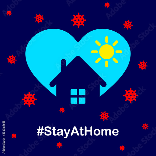 hashtag stay home. heart icon and home symbol protects against virus, coronavirus, Covid 19 on a blue background. The concept of protecting people in a pandemic around the world. Vector illustration