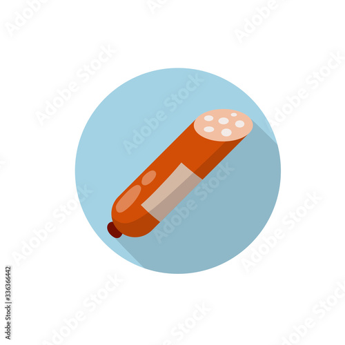 Sausages. Meat food. Icon for the app in a blue circle. Red nutrient object. Sliced half of bologna for a sandwich