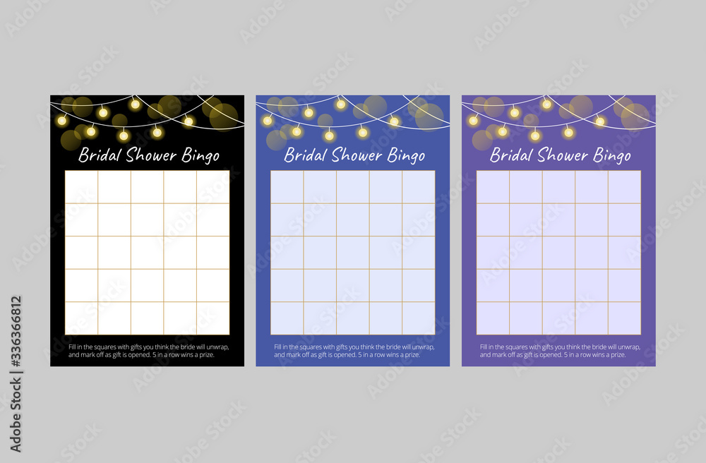 Set of cards for bridal shower game. Black, blue and purple bingo cards  with glowing lamp garlands. Scaled vector templates of 10*14 in size Stock  Vector | Adobe Stock