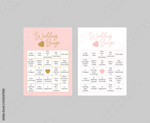 Set of cute bingo cards for wedding. Guess the guest game. Easy printable scaled vector template: 10*14 in