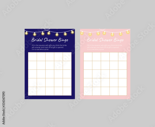 Collection of cute cards for bridal shower game. Bingo cards with glowing lamp garlands. Easy printable scaled vector template: 10*14 in