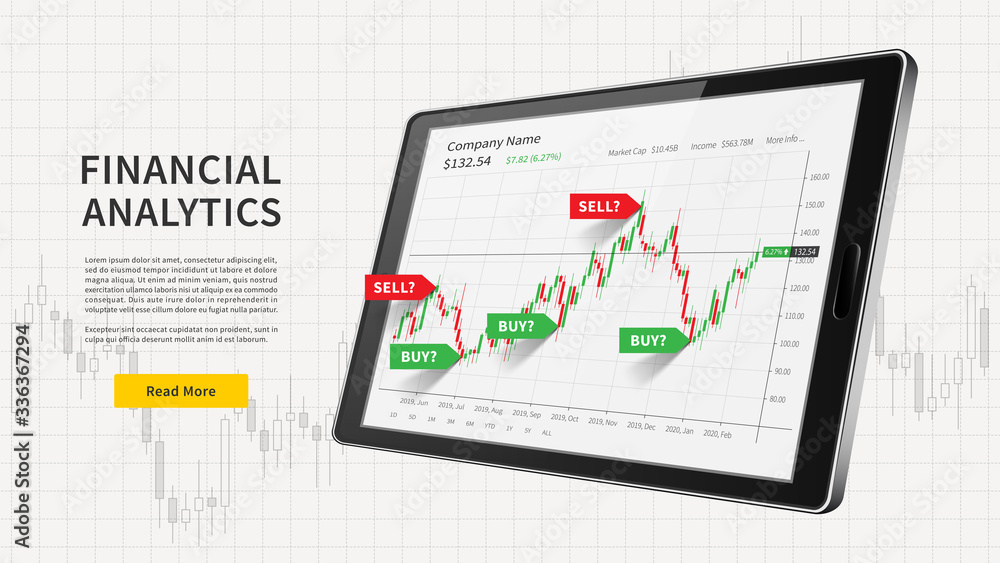 Tablet with stock trade candlestick graph and signals web banner Tablet with stock trade candlestick graph and signals web banner