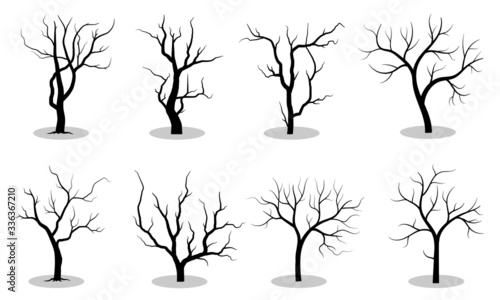 Black Branch Tree or Naked trees silhouettes set. Hand drawn isolated illustrations
