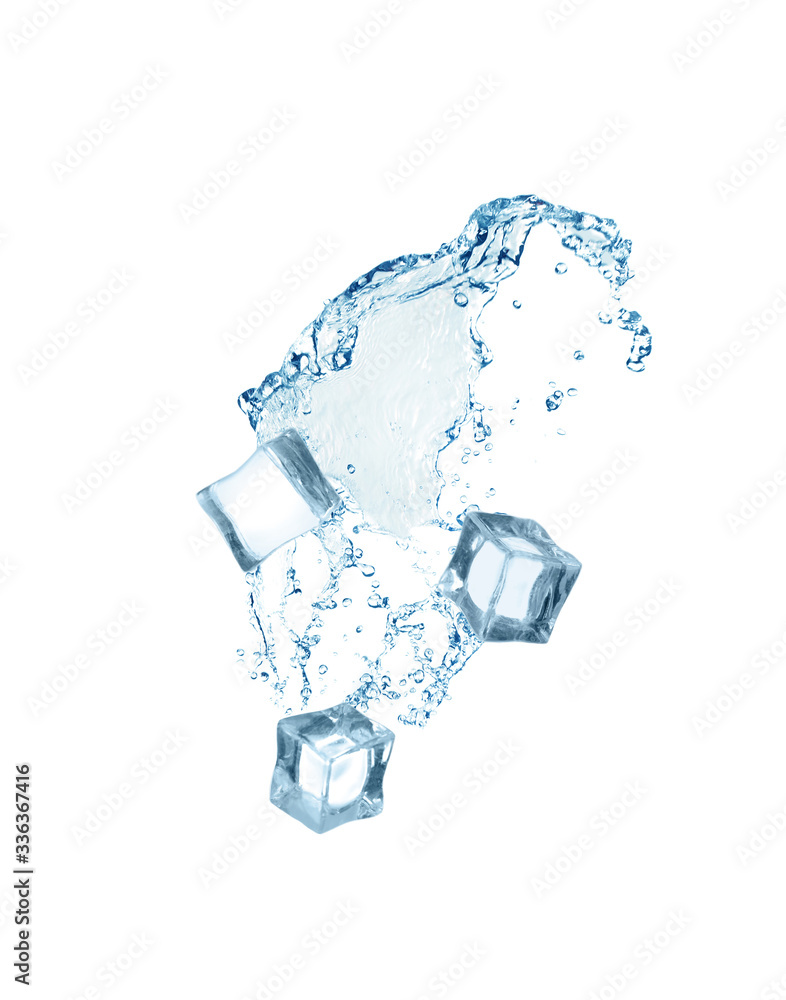 Crystal clear ice cubes and splashing water on white background