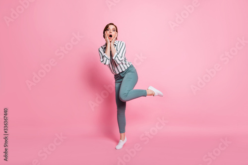 Fototapeta Naklejka Na Ścianę i Meble -  Full length photo of shocked astonished girl have summer time weekends walk look incredible promo scream touch her face hands wear stylish clothes isolated over pastel color background