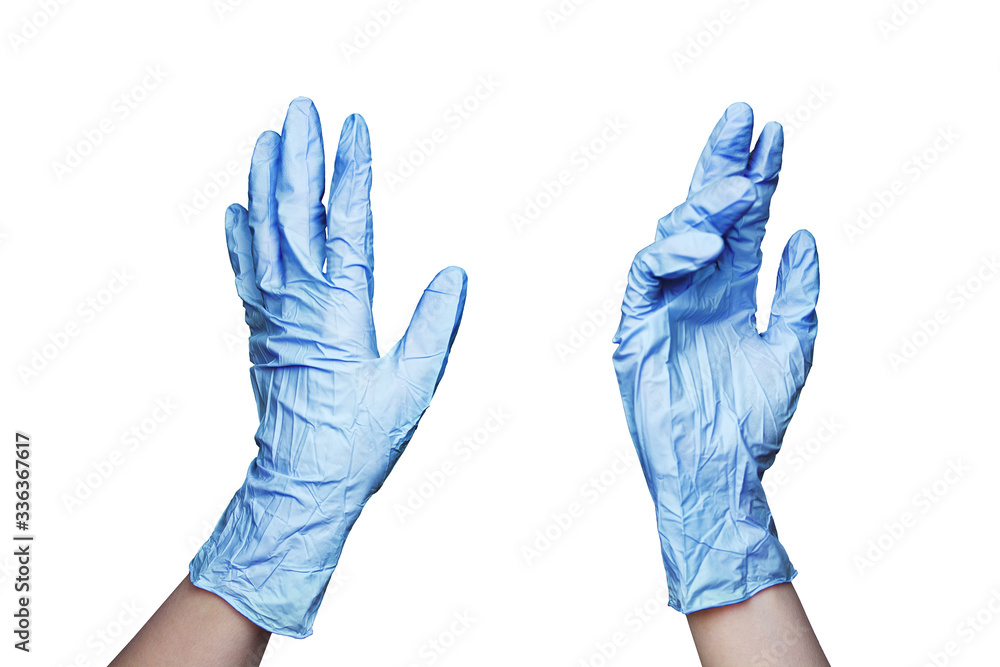 Two female hands in blue rubber medical gloves on white background isolated close up, doctor or nurse hands in latex protective gloves, disposable plastic clothes for cleaning housework, washing work Two female hands in blue rubber medical gloves on white background isolated close up, doctor or nurse hands in latex protective gloves, disposable plastic clothes for cleaning housework, washing work