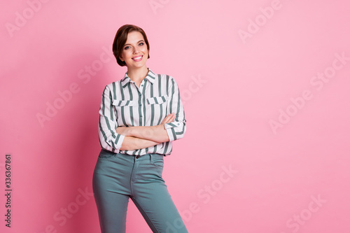 Portrait of charming girl successful worker cross hands ready solve decide work decisions wear stylish clothing isolated over pastel color background