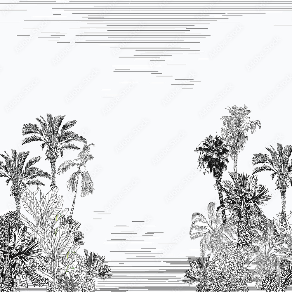 custom made wallpaper toronto digitalBorder Vintage Toile Tropical Forest Horizon with Sea Lagune, Meditarian Sea Palm Composition, Hand Drawn Paradise Island Lithography
