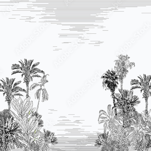 Border Vintage Toile Tropical Forest Horizon with Sea Lagune, Meditarian Sea Palm Composition, Hand Drawn Paradise Island Lithography