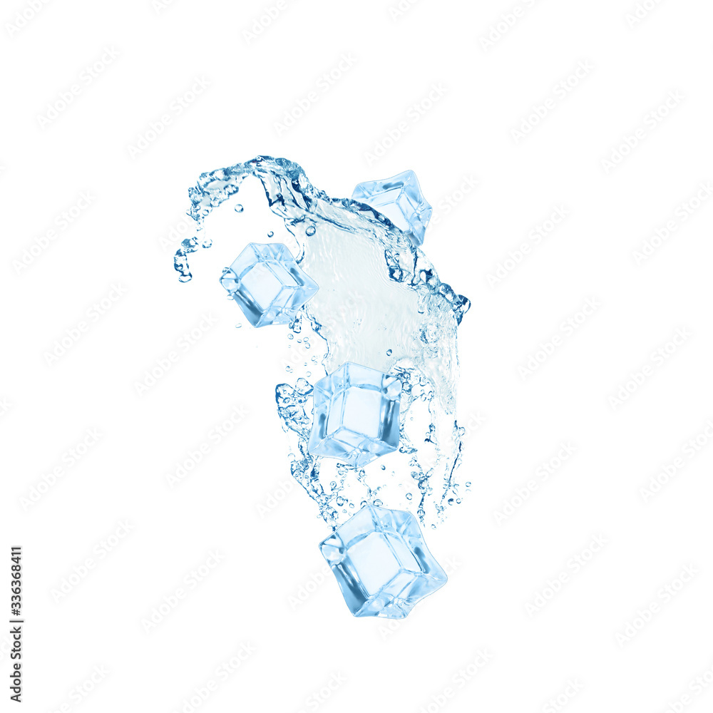 Crystal clear ice cubes and splashing water on white background Crystal clear ice cubes and splashing water on white background