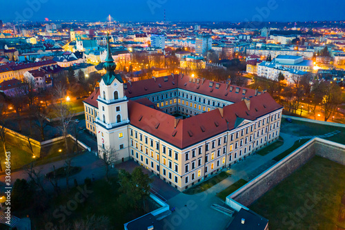 Evening aerial view on the medieval castle Rzeszow. Rzeszow City. Poland
