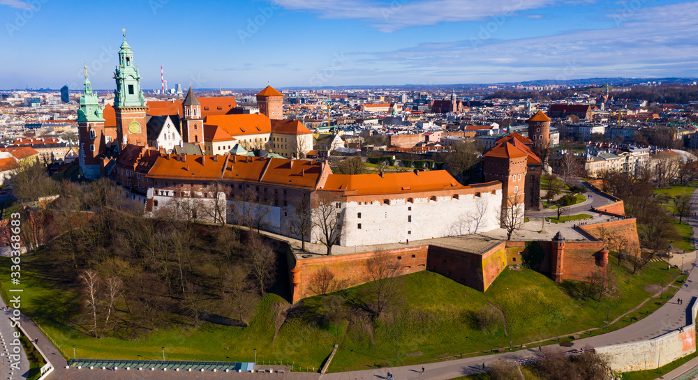 View from drone of Wawel Сastle, Krakow, Poland