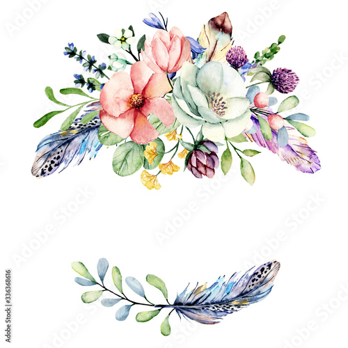 Fototapeta Naklejka Na Ścianę i Meble -  Wreath with flowers watercolor painting, floral frame, wildflowers and leaf clip art for greeting card, invitation, wedding decoration and other printing images. Illustration isolated on white.