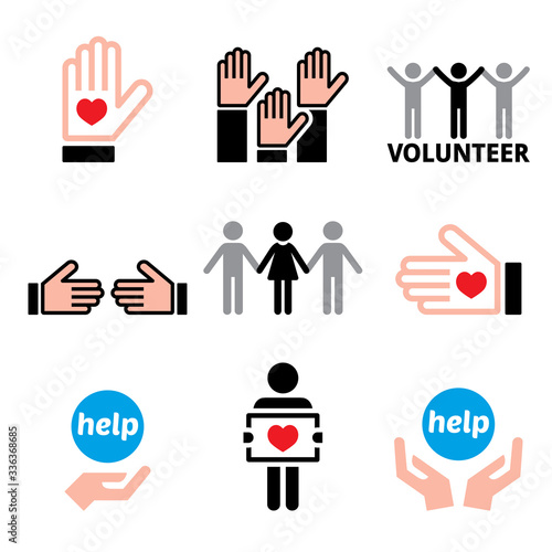Volunteer, people helping other, charity concept vector icons set
