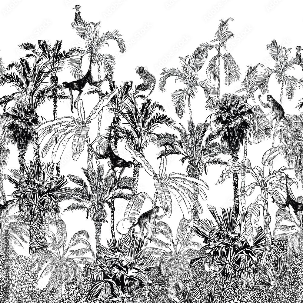 Double Level Palm Trees Seamless Border Vintage Engraving Outline Drawing Tropical Jungle with Monkeys Animals, Hoopoe Birds Lithography, High End  Tropics