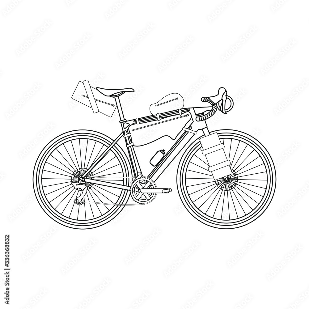 Touring bike vector illustration with saddlebag, frame bag and handlebar bag. Gravel bicycle.