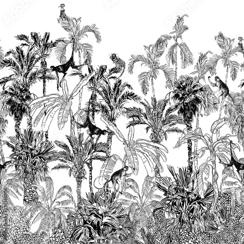 Dekoracja na wymiar  dwupoziomowe-palmy-bezszwowe-obramowanie-vintage-grawerowanie-zarys-rysunku-tropikalna-dzungla-z-malpami-litografia-ptakow-dudka-tropiki-high-end