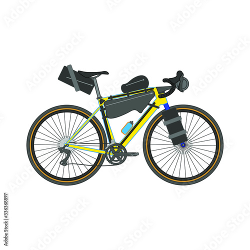 Touring bike vector illustration with saddlebag  frame bag and handlebar bag. Gravel bicycle.