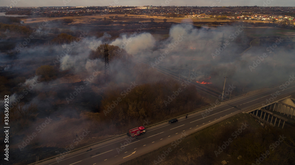 Ukraine, Rivne, 04.04.2020, Massive Fire, Dry Grass Lanes in Fire, Firefighters at Work, Disaster, Ecological Catastrophe