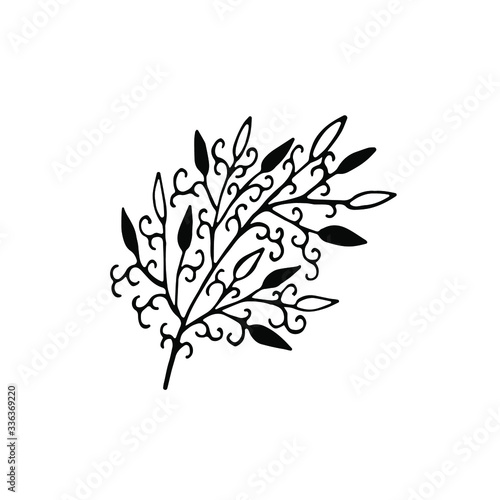 Black decorative floral branch isolated on the white background. Simple vector illustration for print, T-Shirt, bag. Natural eco emblem. Nature floral logo.