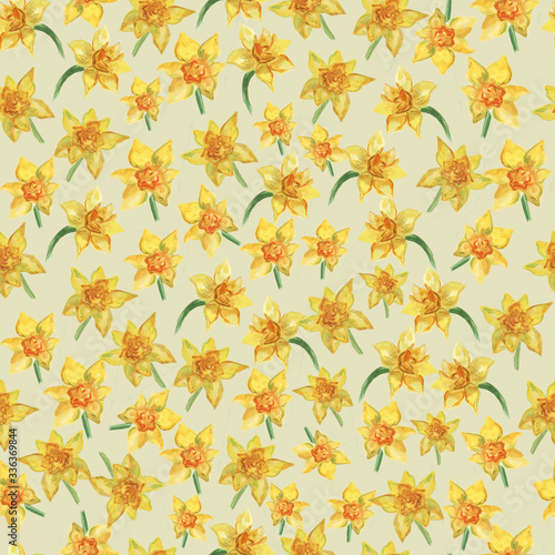 Watercolor seamless pattern of yellow daffodils on yellow background.