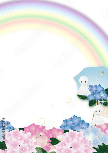 紫陽花のピンクやブルーの花とテルテル坊主に傘と虹のイラスト縦スタイル背景素材