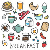 set of cute cartoon doodle breakfast icons 