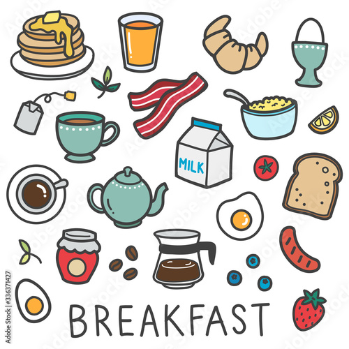 set of cute cartoon doodle breakfast icons 