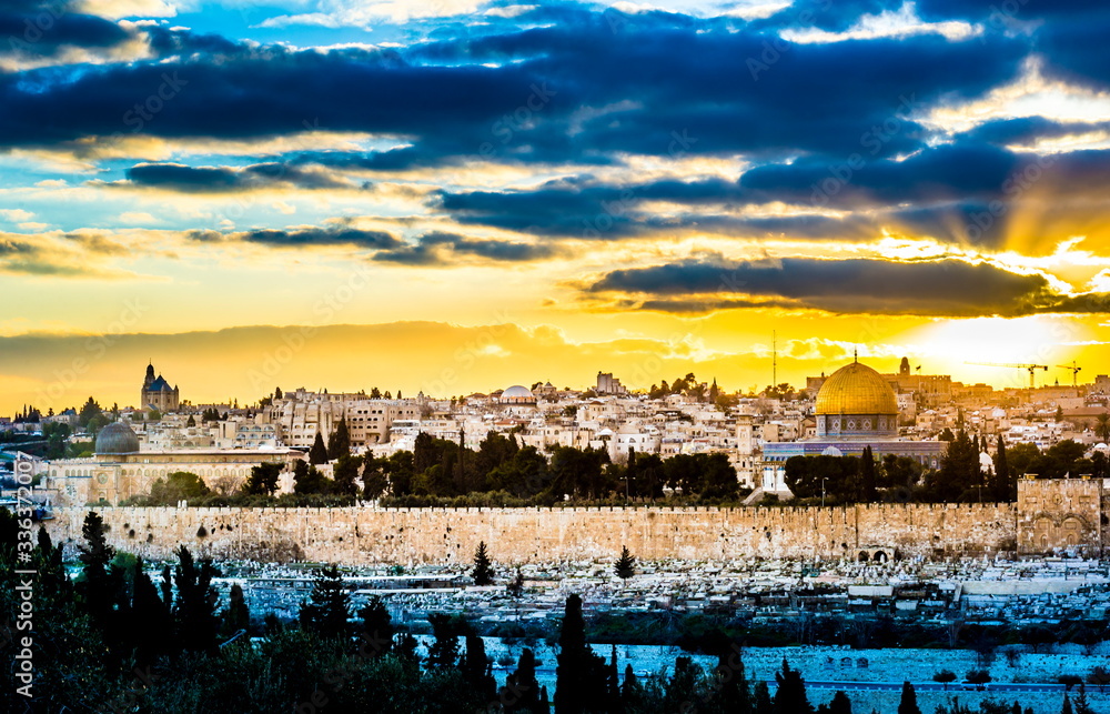 Temple Mount and Mount Zion at sunset, Jerusalem Israel