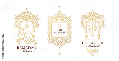 Vector set Ramadan Kareem, Eid Mubarak, Eid al-Fitr Mubarak greeting card. Ramadan wishing.