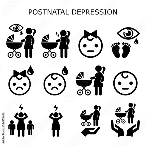 Postnatal depression, postpartum depression vector icon set - new mothers mental health concept, women with newborn baby experiencing baby blues
