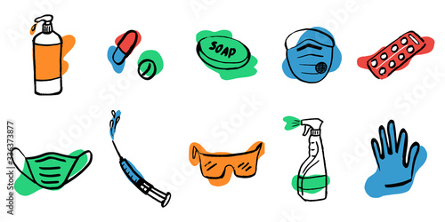 Medication, pharmaceutics concept. Vector illustration Medicine, pharmacy. Various meds set is protected against disease and drug prevention. Background. Wallpaper