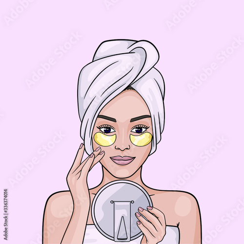 Woman puts beauty eye patches under her eyes to take skincare routine, avoid dark circles, get rid of wrinkles, puffs, nourish skin. Spa salon or home cosmetic anti-aging procedure. Isolated vector