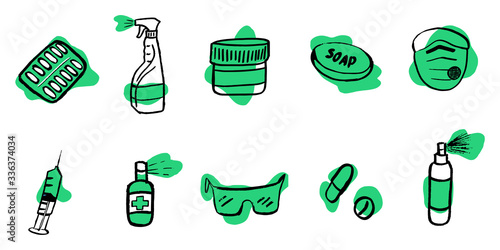 Medication, pharmaceutics concept. Vector illustration Medicine, pharmacy. Various meds set is protected against disease and drug prevention. Background. Wallpaper