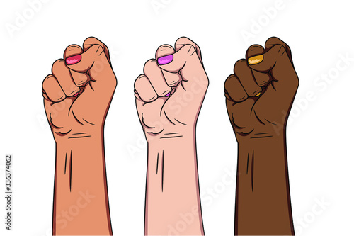 raised female fist hand. Girl Power. People protest and fight for their rights. Concept of revolution or protest. symbol of victory, strength, power and solidarity. Isolated vector illustartion. 
